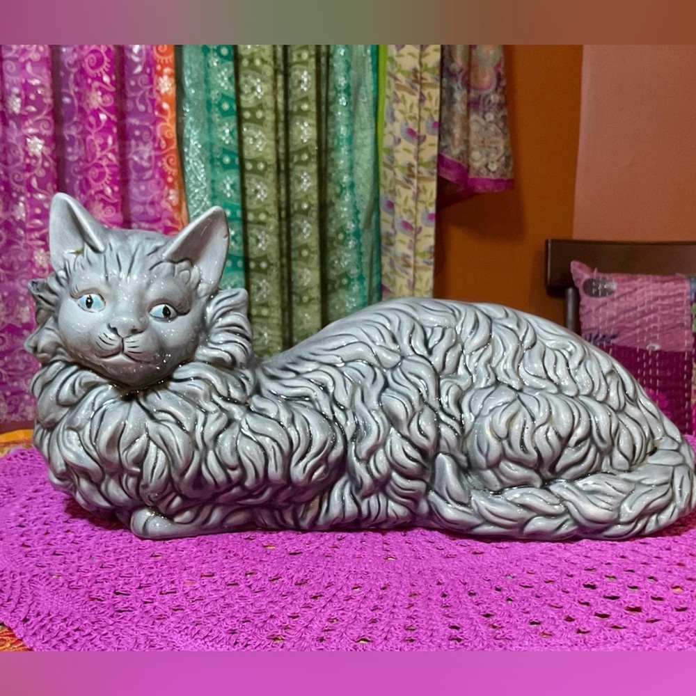 Vintage MCM Ceramic Gray Cat with Blue Eyes